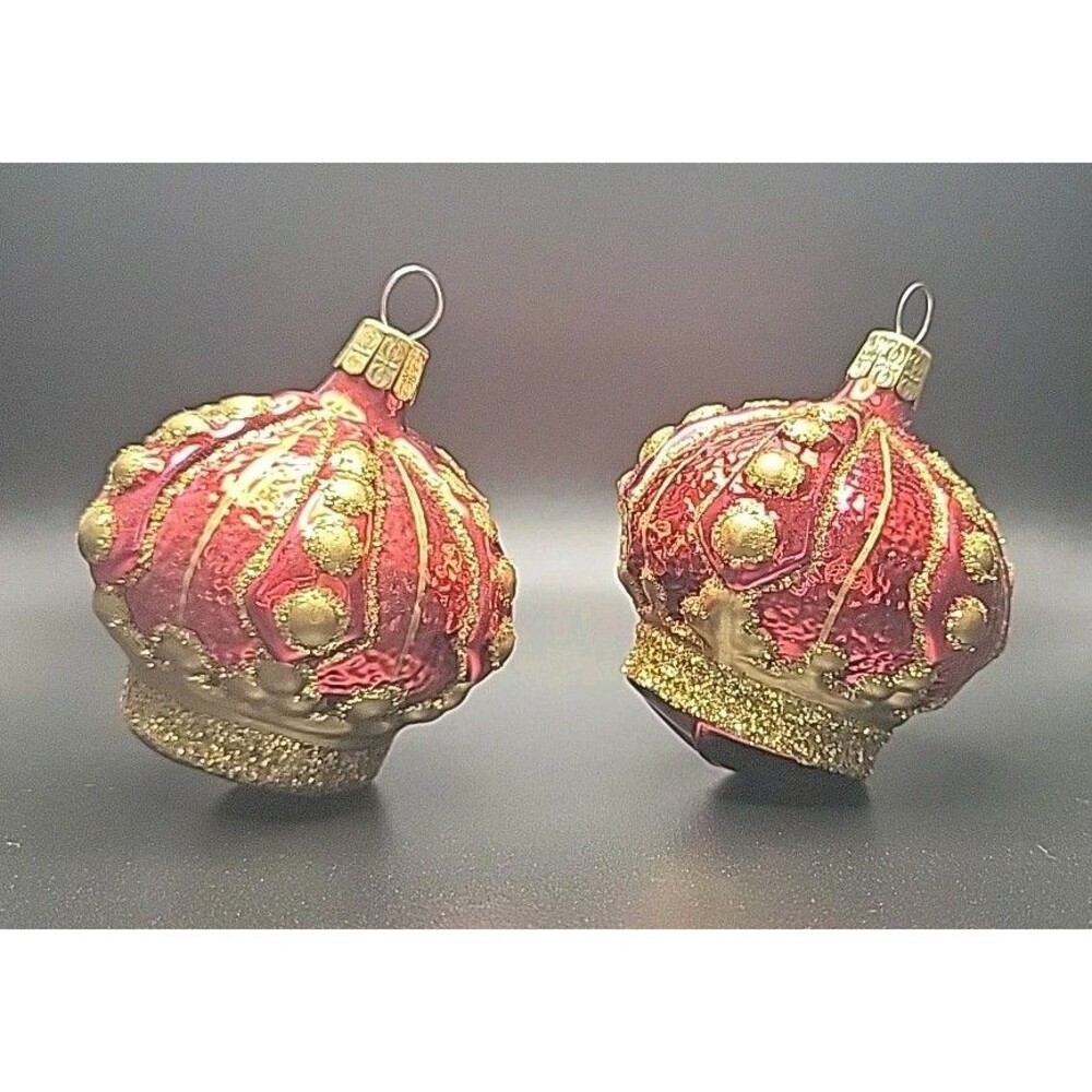 Vtg Czech Republic Blown Glass Crown Christmas Ornaments Red Gold Set of 2 EUC